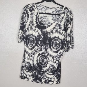 a.n.a Black/White Tie Dye Star Burst Pattern V-Neck Short Sleeve Tunic L